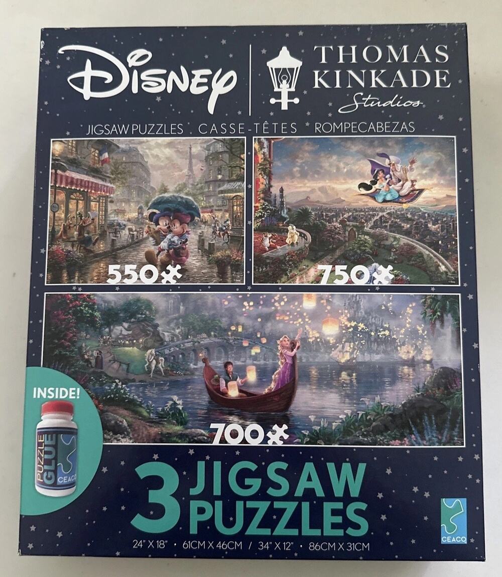 Disney Thomas Kinkade 3 Pack Puzzle Tangled, Aladdin, Mickey Minnie - NEW SEALED